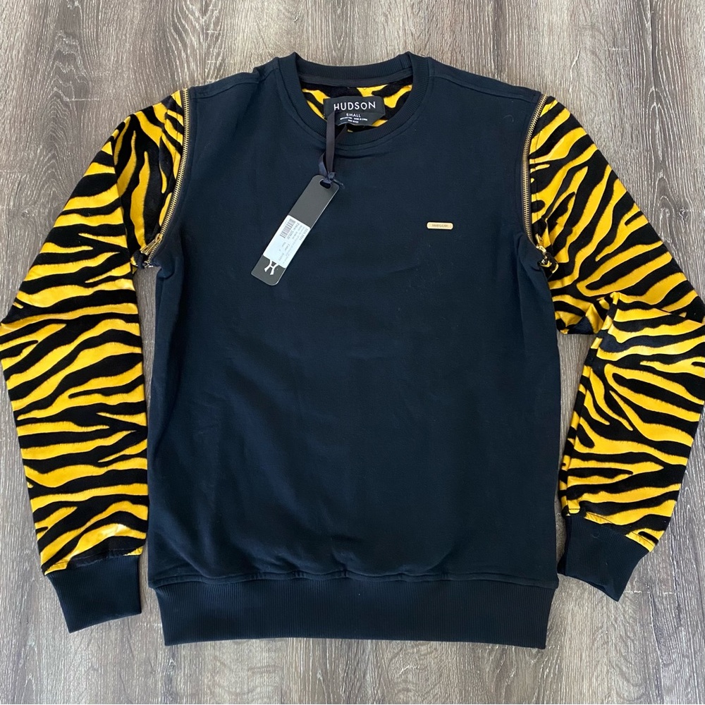 Hudson Luxury Black Sweatshirt with Tiger Sleeves NWT!